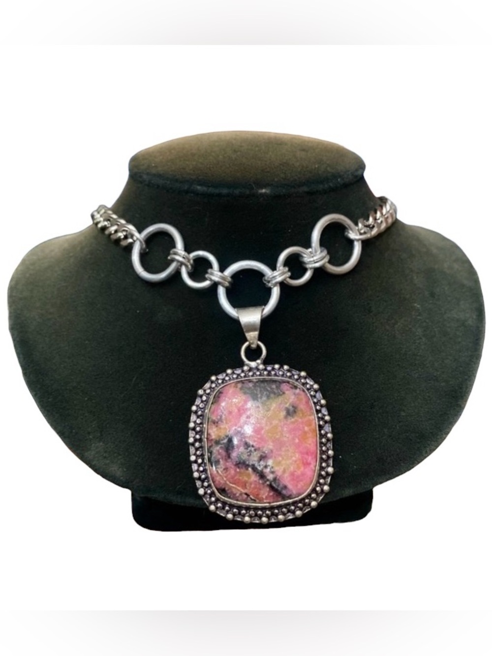 925 sterling silver overlay pink rhodonite gemstone charm stainless steel chain